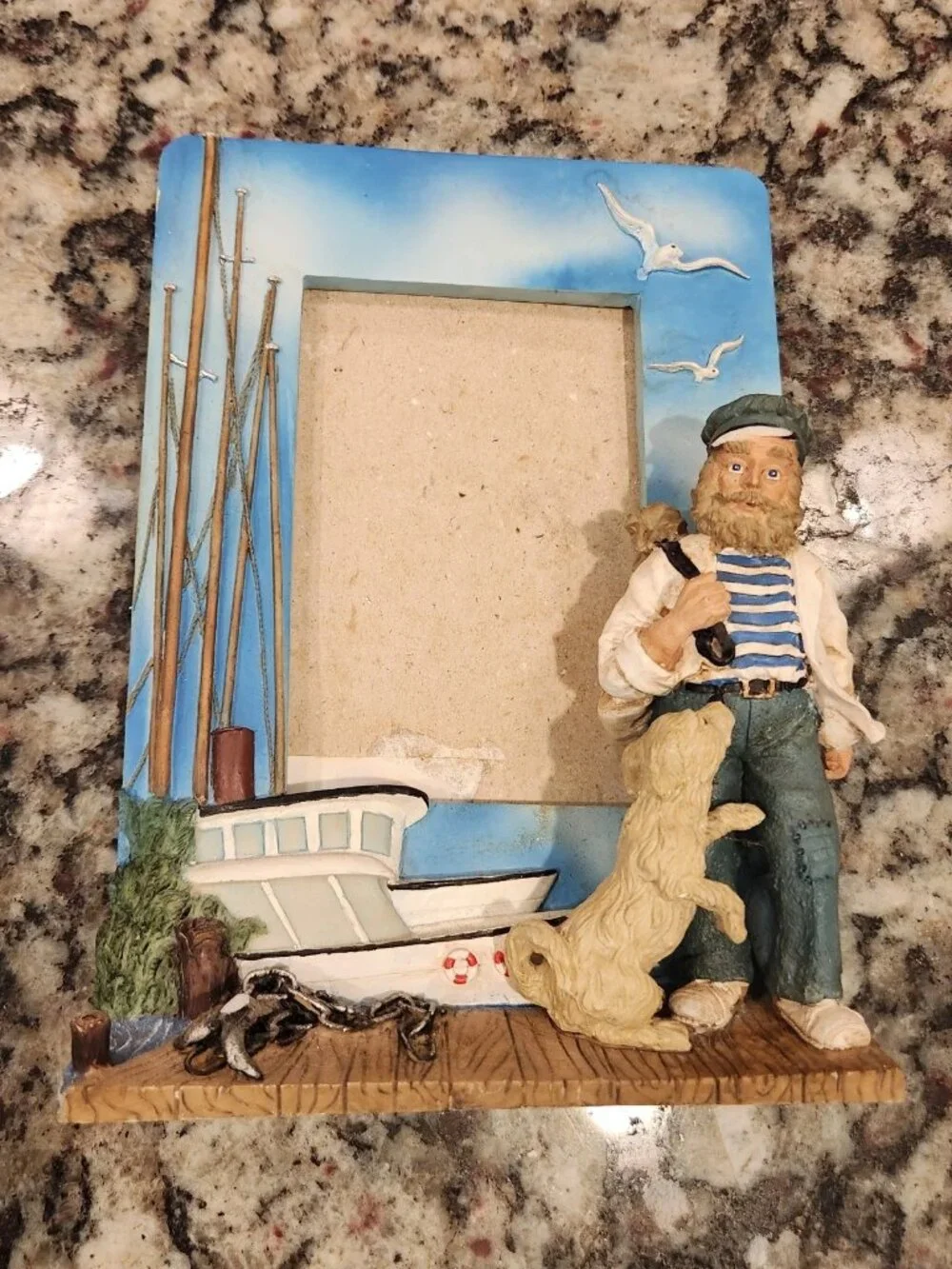 Vintage 3D Fisherman & His Dog Picture Desk Frame for 5